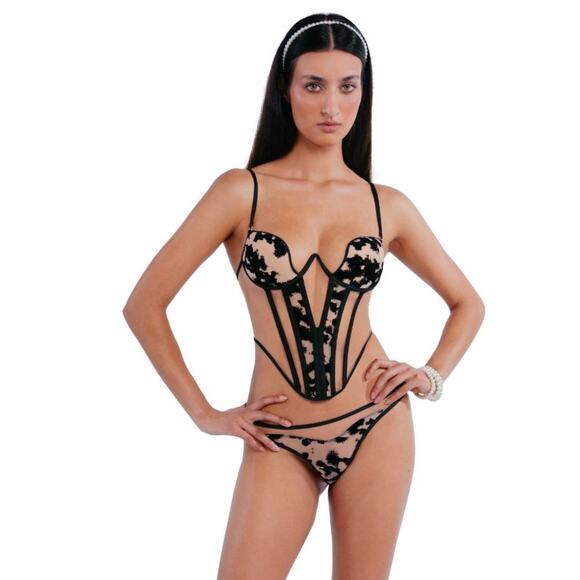 NEW Perilla Harlow One Corset Lingerie Black Flocked Velvet Mesh 32D Luxe Sexy - Picture 2 of 12